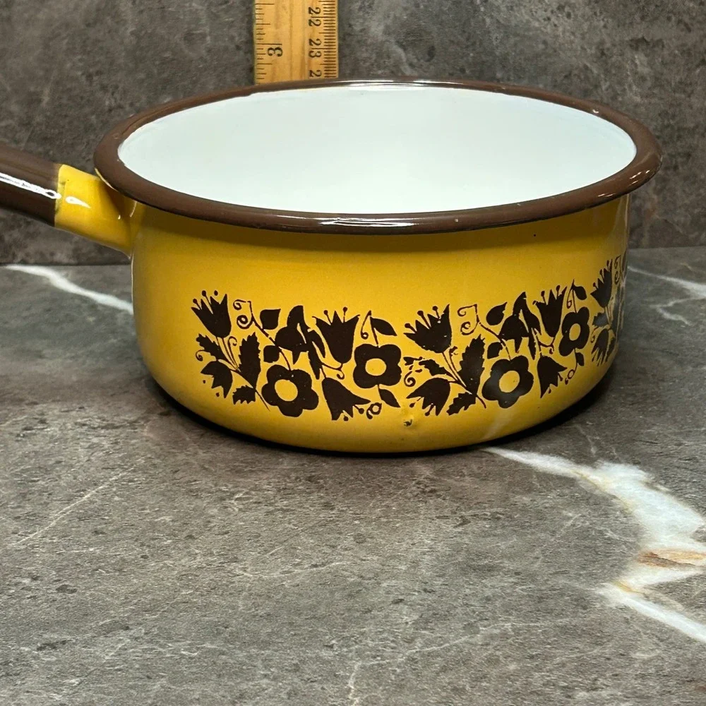 Vintage Yellow Enamelware Saucepan Brown Floral Pattern Retro Kitchen Pot 6 Inch